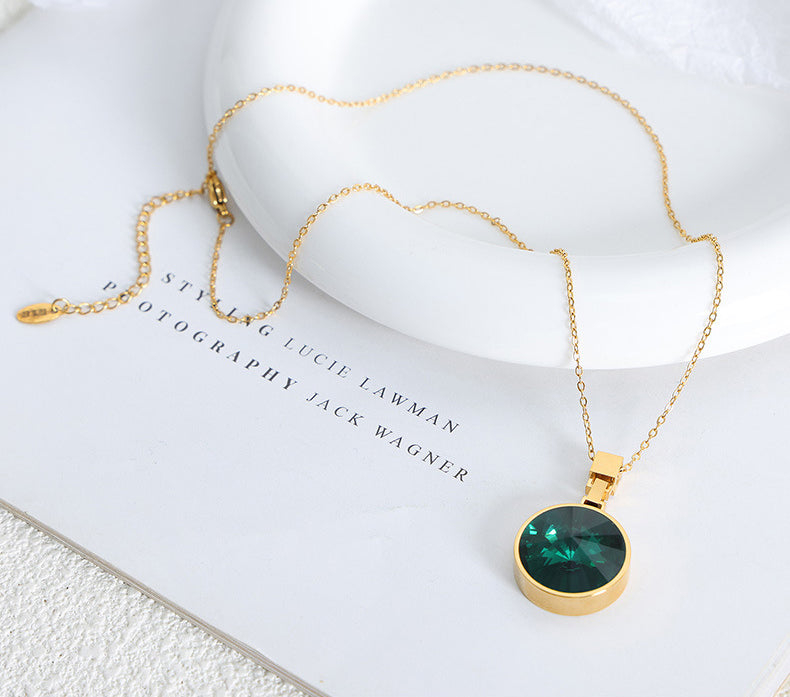 18K gold classic retro round inlaid gemstone design simple style necklace