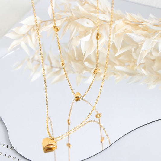 18K gold exquisite and noble double layer stacked necklace with love design and versatile necklace
