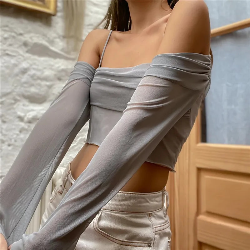 Xeemilo Aesthetic Mesh Sheer Off Shoulder T Shirt Elegant Long Sleeve Backless Crop Tops 2023 Summer Casual Slim Streetwear Tees