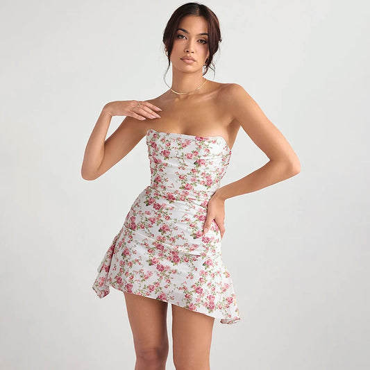 Women's Elegant Short Dress Breasted Floral Slim Large Backless European and American Casual Vacation Style Spice Short Dresses