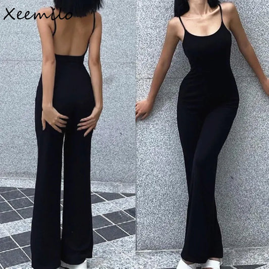 Xeemilo Sexy Backless Spaghetti Strap Jumpsuit Woman Summer Black Skinny Bodycon Bodysuit Pants Holiday Ladies Casual Jumpsuits