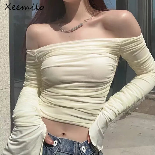 Xeemilo Mesh Ruched Long Sleeve T Shirt Sexy Off Shoulder Bodycon Women Streetwear Crop Tops 2023 Summer Solid Elegant T-shirts