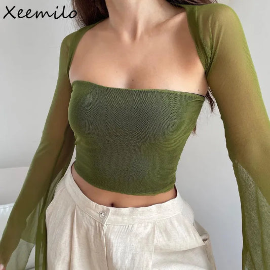 Xeemilo Aesthetic Vintage Women 2 Piece Sets Green Strapless Tank Top With Sexy Mesh Sheer Flare Long Sleeve Shawl Street Outfit
