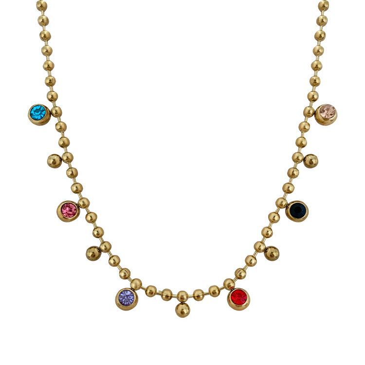 18k gold bead chain with round beads inlaid with gemstone design simple style necklace
