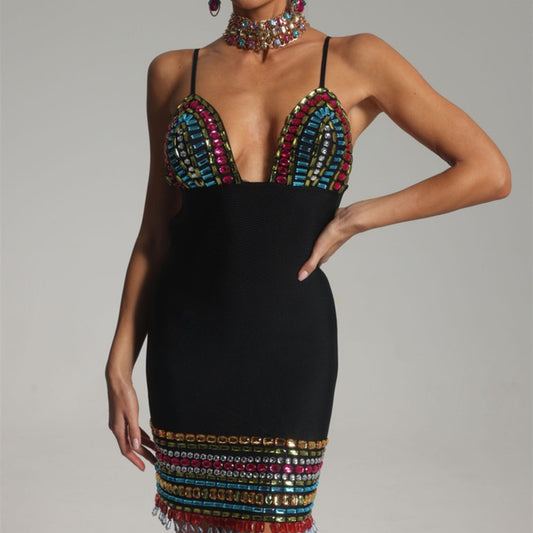 Women's Fashion Casual V-strap Niche Diamond-embedded Tight Sleeveless Hip-wrapped Dress