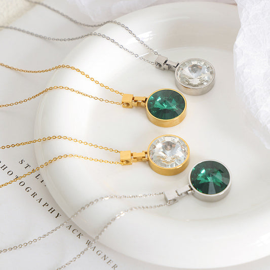 18K gold classic retro round inlaid gemstone design simple style necklace