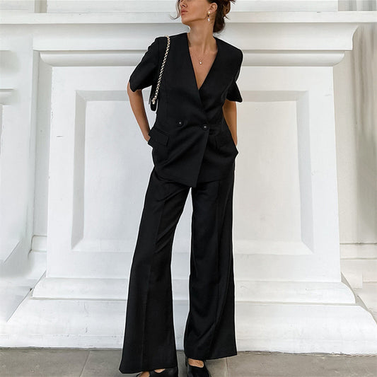 Women's Fashion Casual V-neck Suit Short Sleeve High Waist Trousers Suit