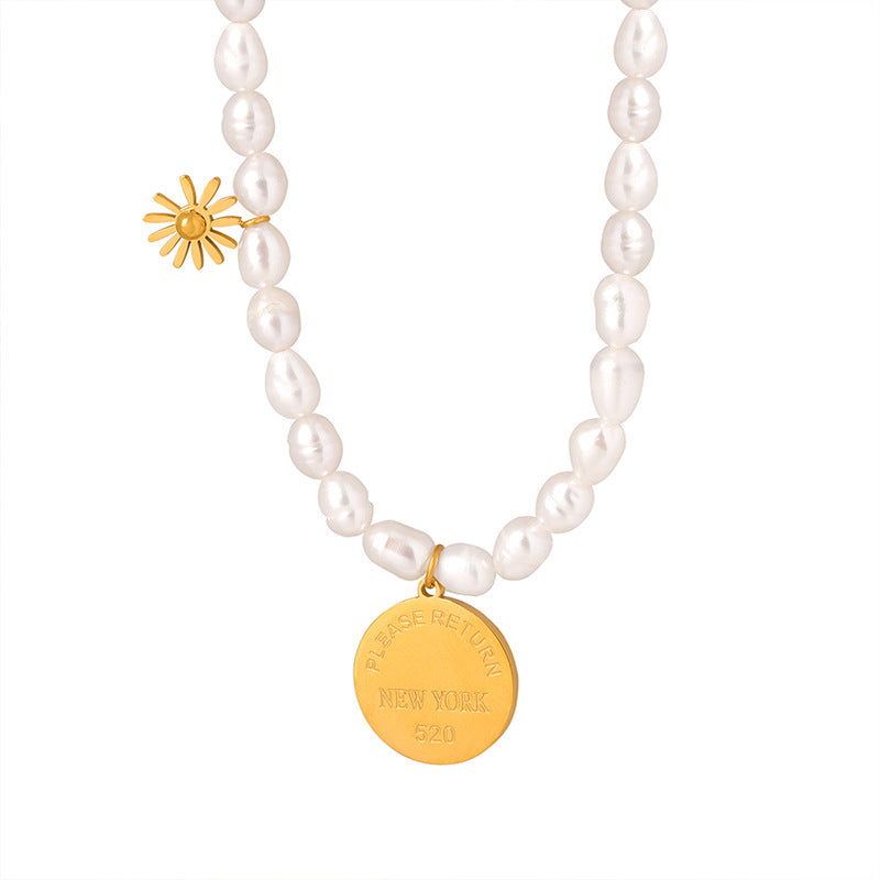 18K gold classic vintage pearl with medallion design necklace
