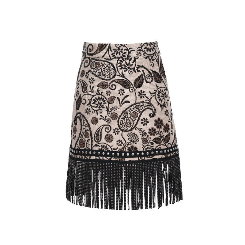 Women's Woven Jacquard Small Sling Tassel Skirt Suit