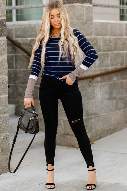 Dark Blue Striped Spliced Color Block Rib Knit Top