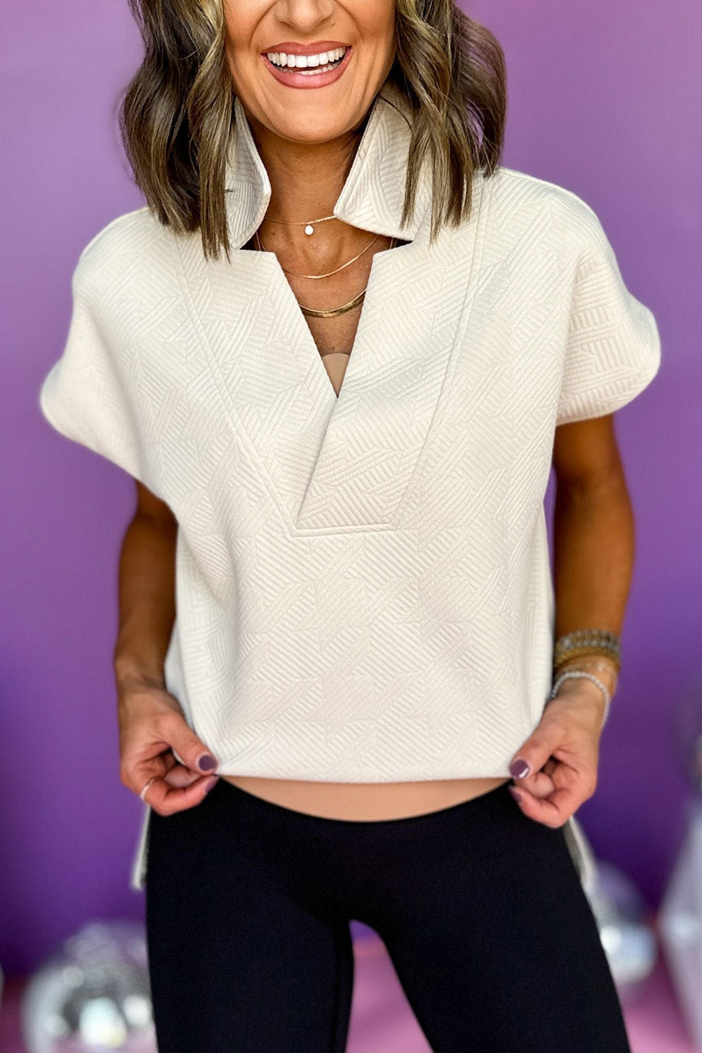 White Textured V Neck Collared Split Hem T Shirt