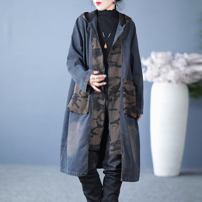 Women's Casual Retro Loose Hooded Camouflage Stitching Coat