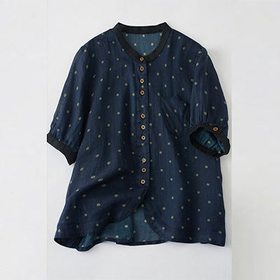 Women's Ramie Round Neck Printed Sugar Coat Temperament Polka Dot Short Sleeve