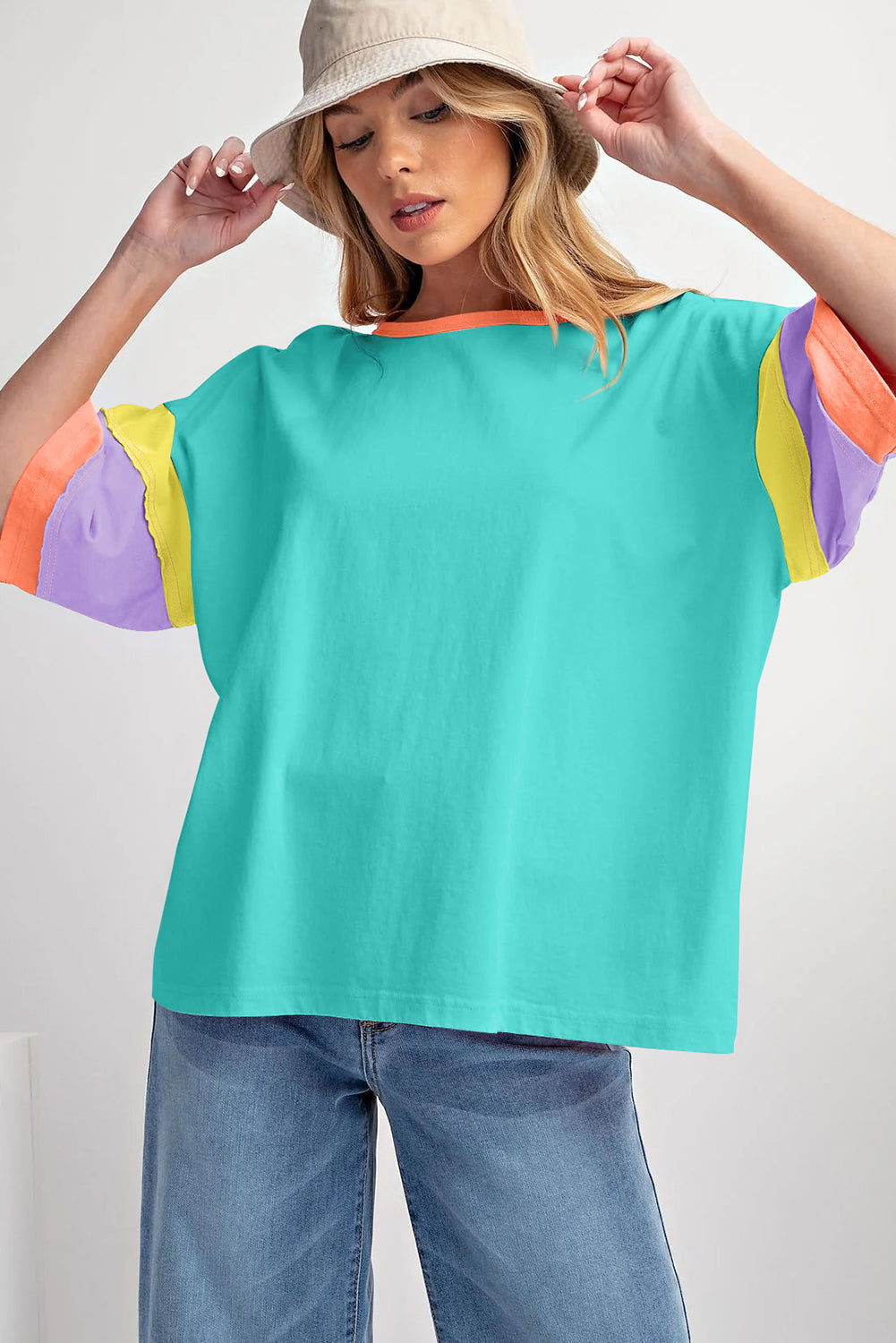 Pink Color Block Sleeve Round Neck Oversize Top