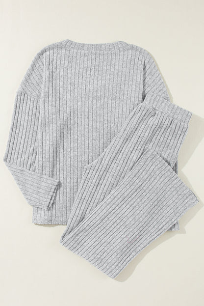 Ensemble haut et pantalon en tricot côtelé ample gris clair à col en V