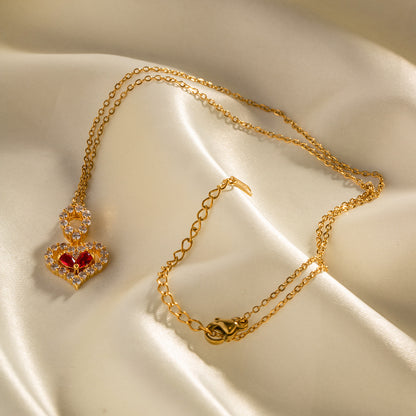 18K Gold Exquisite and Noble Inlaid Red and White Zircon Water Drop Love Design Pendant Necklace