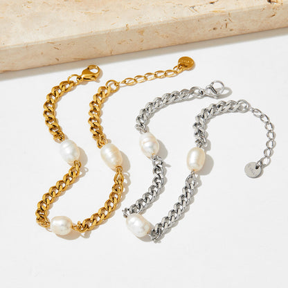 18k gold noble simple pearls and Cuban chain design bracelet