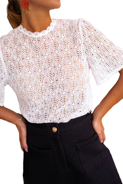 White Short Sleeve Keyhole Back Lace Blouse