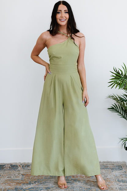 Green Casual Asymmetric Thin Straps Wide Leg Jumpsuit