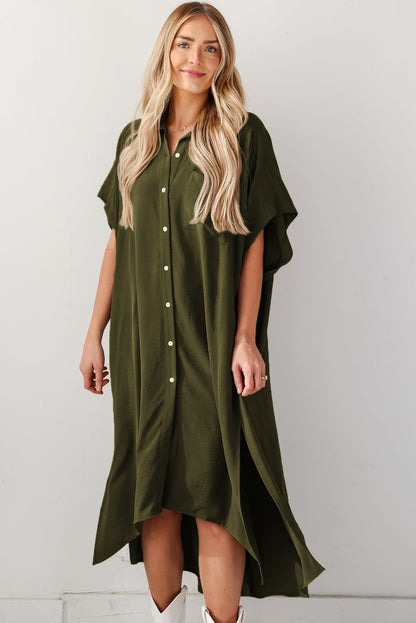 Robe chemise ample à manches courtes et fentes latérales vert jungle