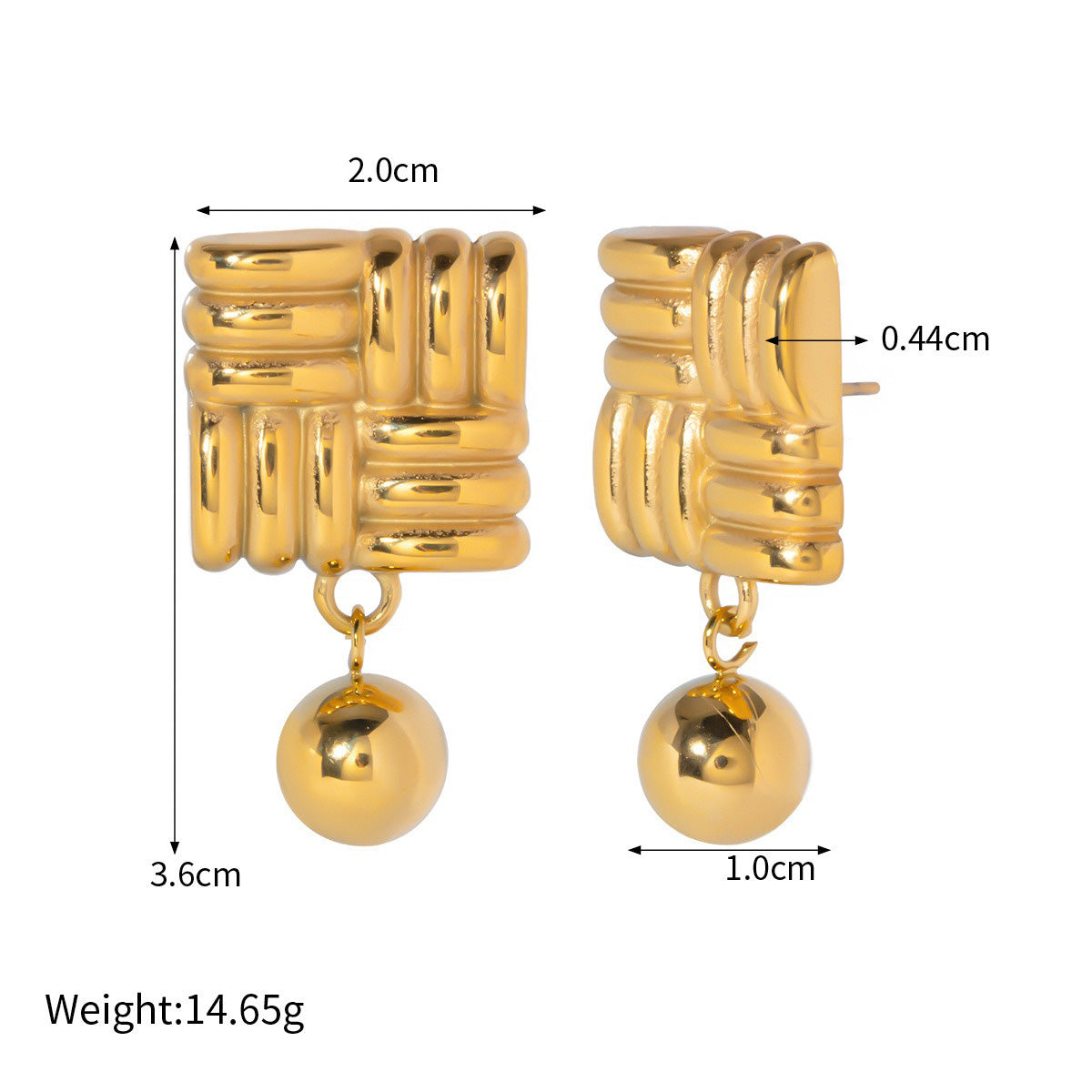 18k gold simple and elegant square knitted texture and ball pendant design earrings