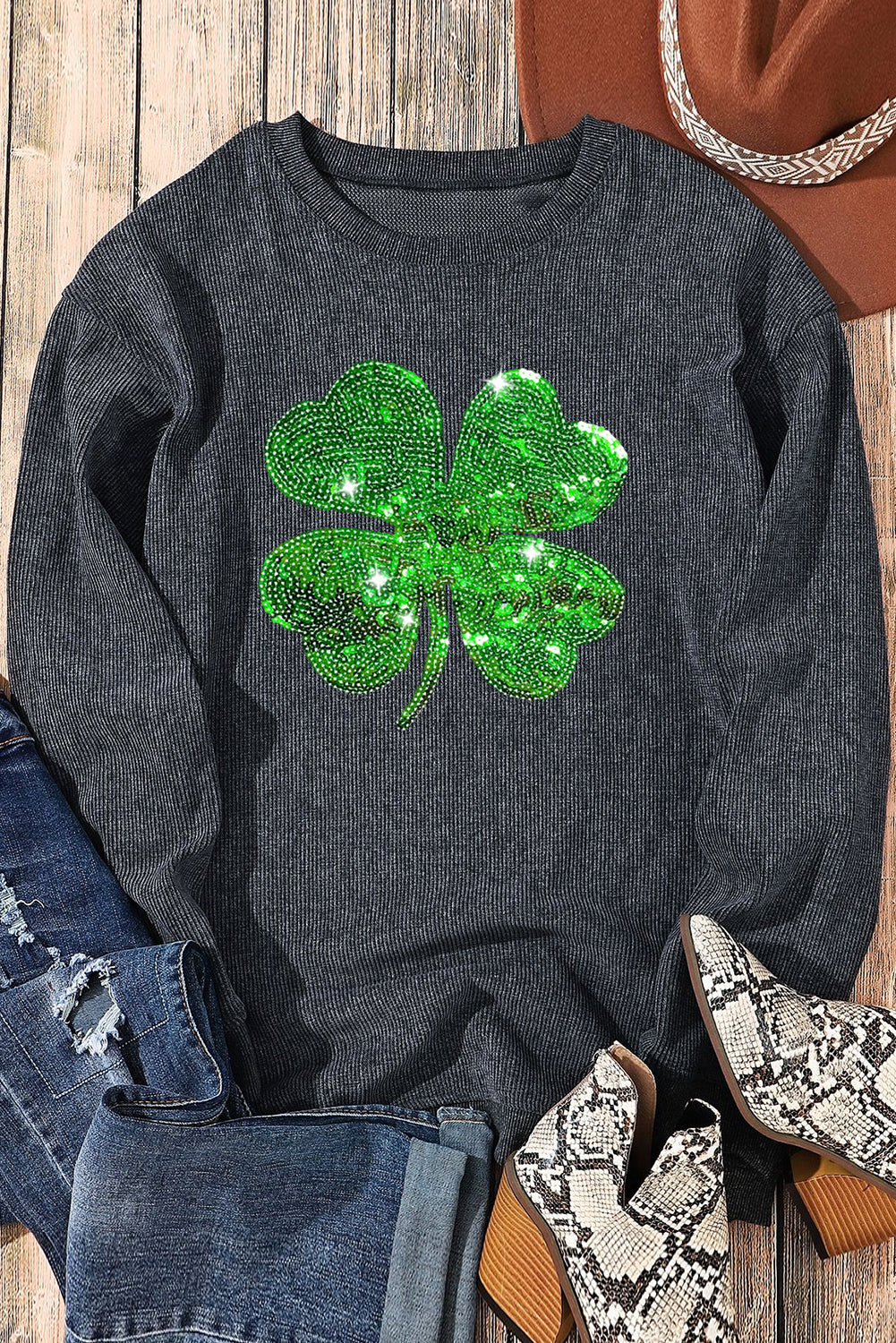 Sweat-shirt filaire gris à paillettes St Patrick Clover Graphic