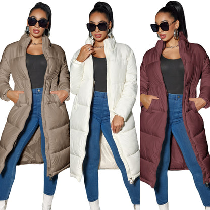 Manteau en coton à fermeture éclair tendance pour femme avec couleur unie chaude