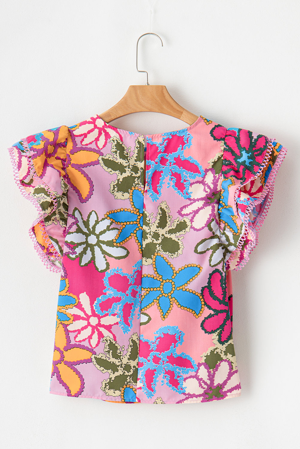 Multicolor Vibrant Floral Print Trimmed Ruffle Sleeve Blouse