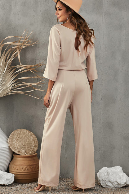 Apricot Boat Neck Knot Wide Leg Jumpsuit