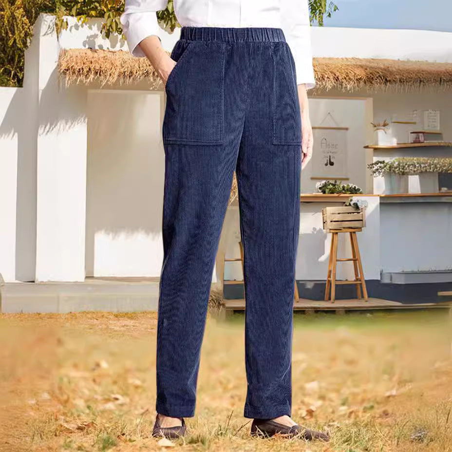 Pantalon décontracté droit rayé à taille élastique de couleur pure pour femme