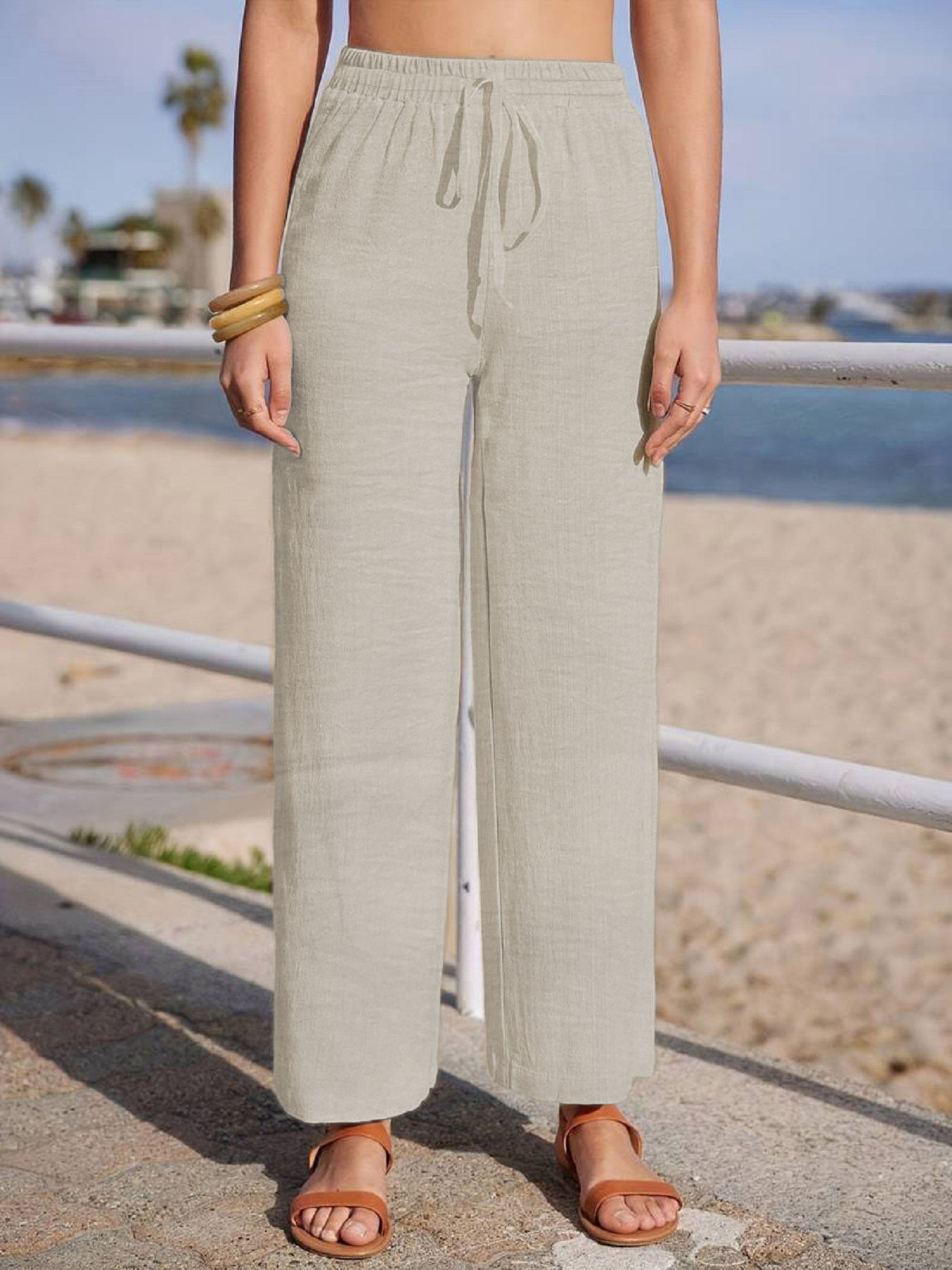 Pantalon décontracté en coton et lin pour femme