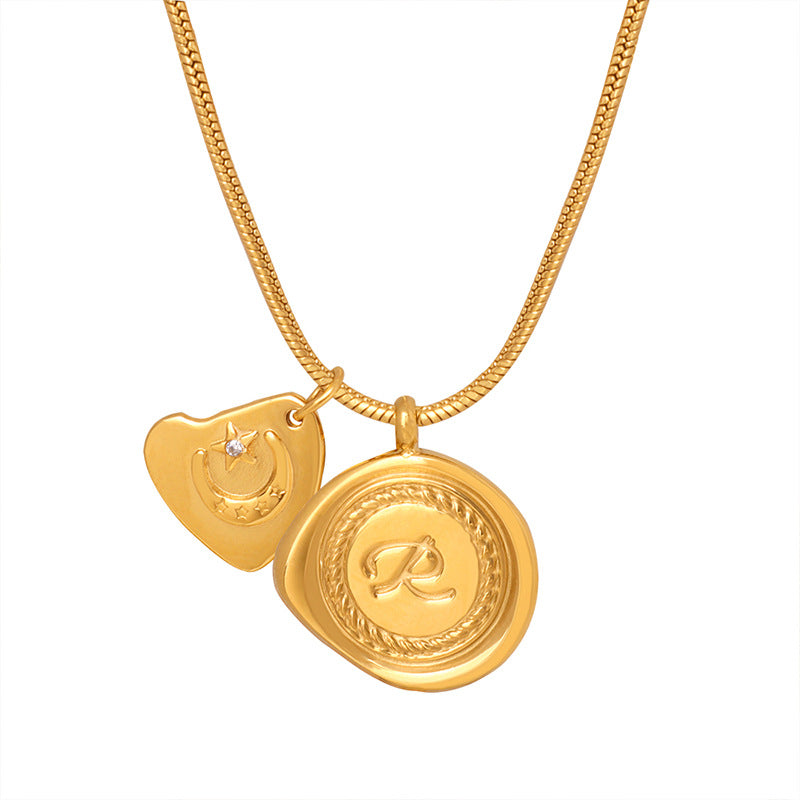 18K gold noble simple round engraved letters with stars and moon design versatile necklace