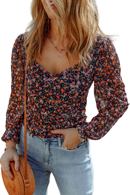 Black  V Neck Bubble Sleeve Floral Blouse