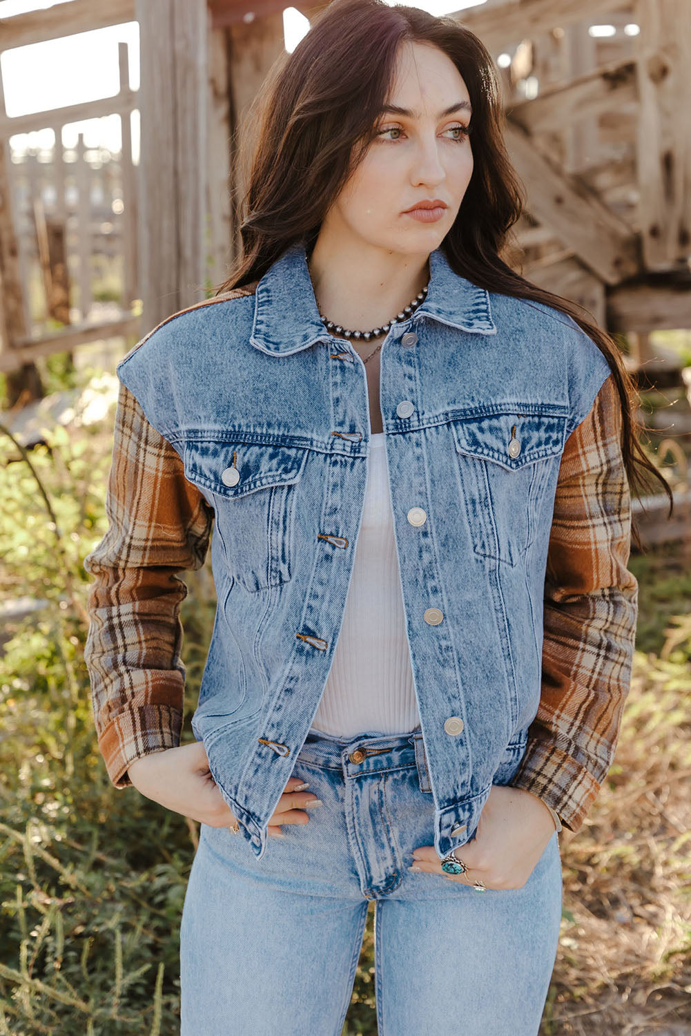 Sky Blue Medium Wash Plaid Sleeves Denim Jacket