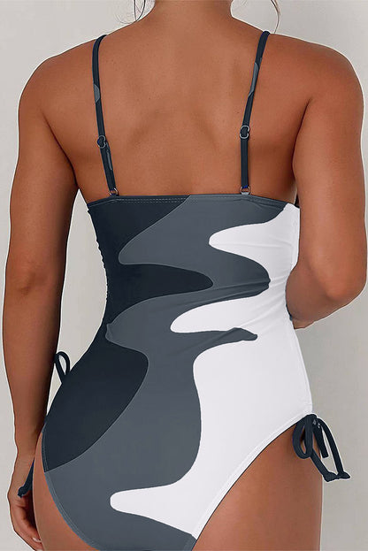 Khaki Color Block Drawstring Sides One Piece Swimsuit