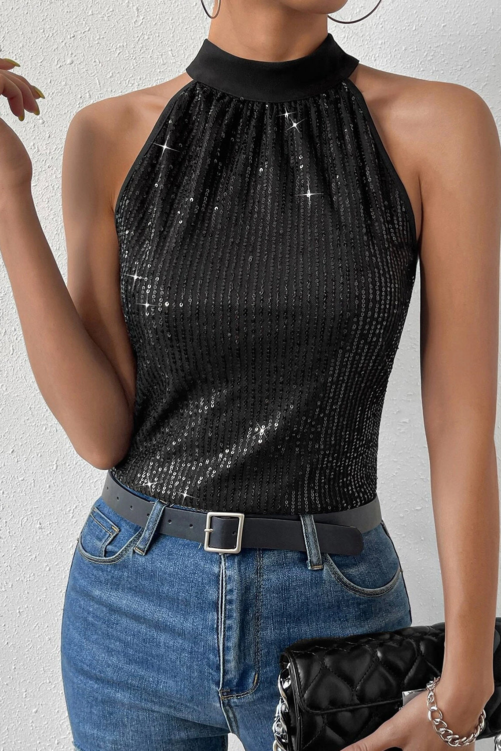 Débardeur noir à sequins noué au dos et trou de serrure