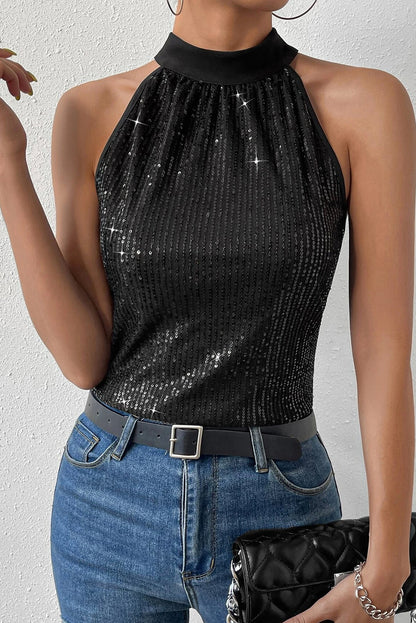 Débardeur noir à sequins noué au dos et trou de serrure