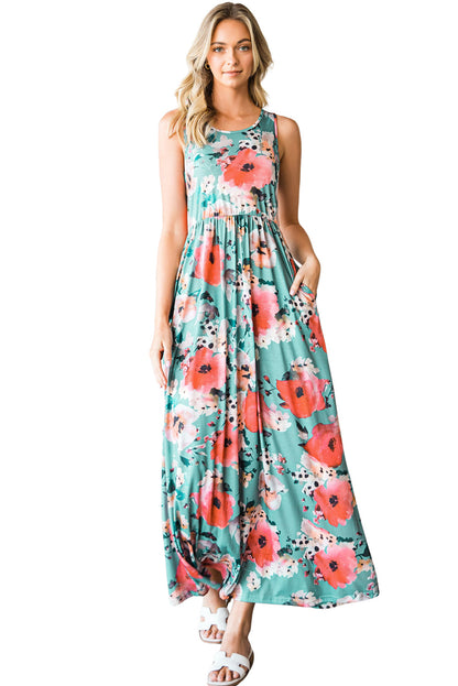 Robe débardeur d'été longue sans manches à imprimé floral vert