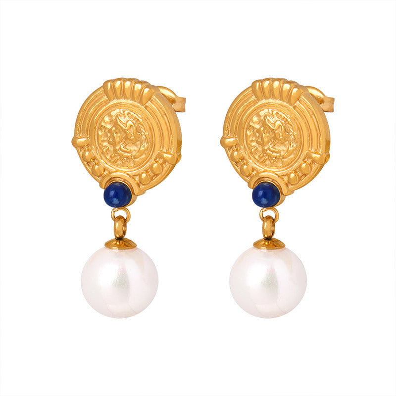 18K Gold Fashion Simple Circle Plaque with Pearl Design Versatile Earrings