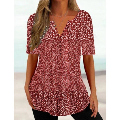 Women's Digital Printed V-neck Button Short-sleeved Top