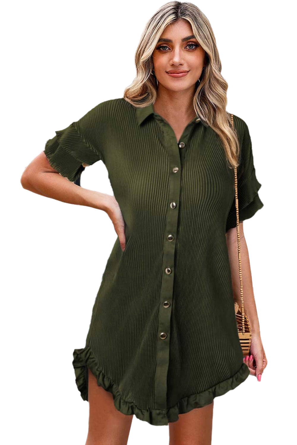 Robe chemise surdimensionnée vert mousse à manches volantées et plissées