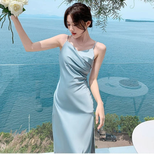 Robe d'été en satin bleu style français pour femme