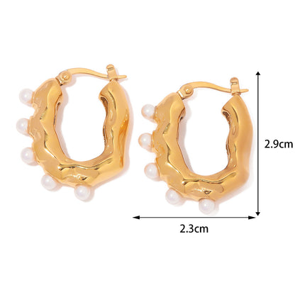 18k gold fashion simple irregular wave texture with geometric pearl design versatile earrings