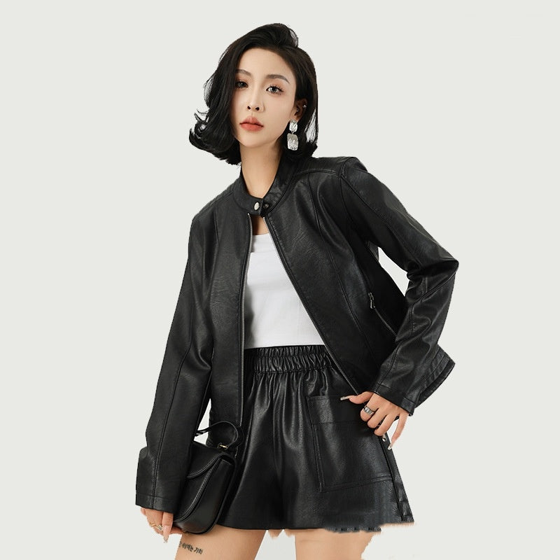 Women's Leather Jacket Locomotive Style Leather Coat Leather Jacket