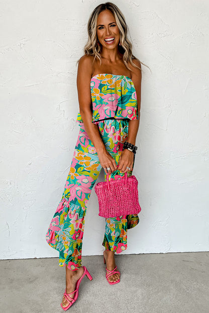 Blue Boho Tropical Print Ruffle Overlay Strapless Flared Jumpsuit