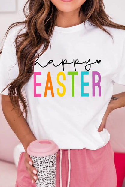 Weißes „Happy EASTER“-T-Shirt mit Rundhalsausschnitt und Buchstabengrafik