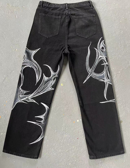 Jeans noirs qui ne se décolorent pas, style street graffiti américain pour hommes et femmes