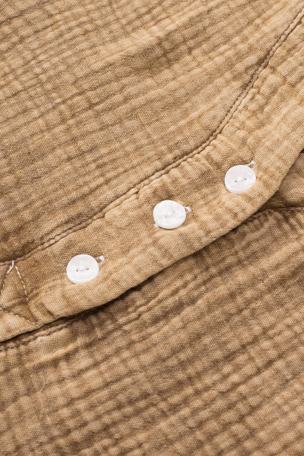 Brown Loose Crinkle Button V Neck Henley Top