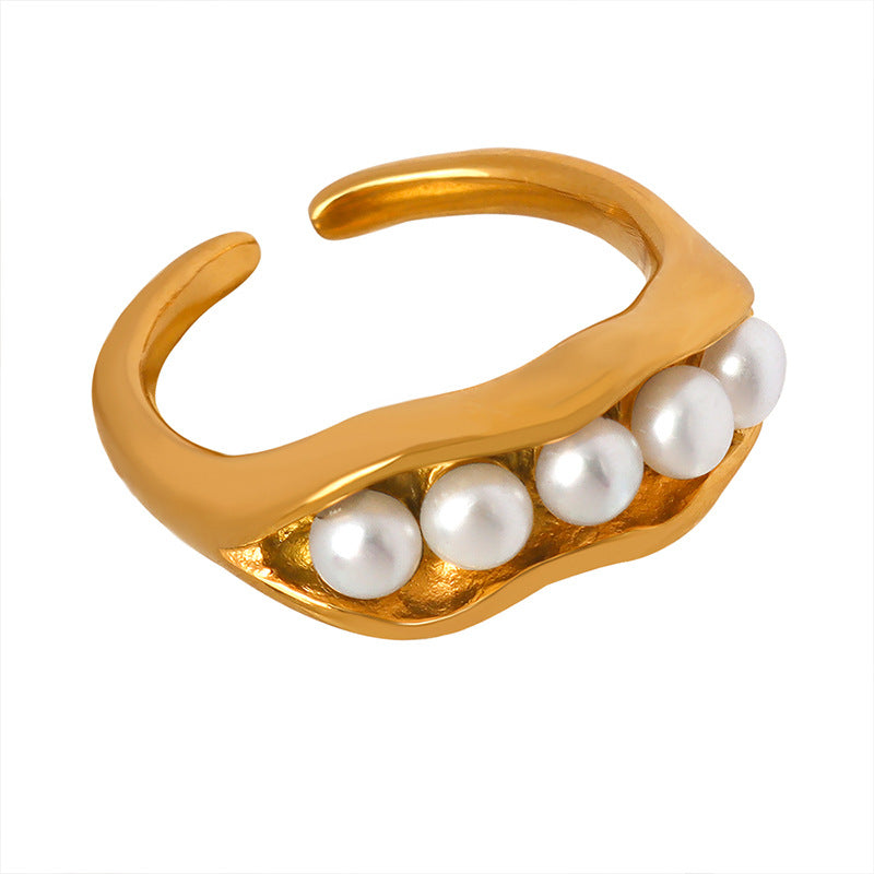 18K gold novel and fashionable pod-shaped inlaid pearl design light luxury style ring