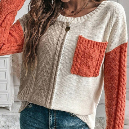 Pull en laine à col rond et manches longues pour femme, tendance et polyvalent, couleur contrastée